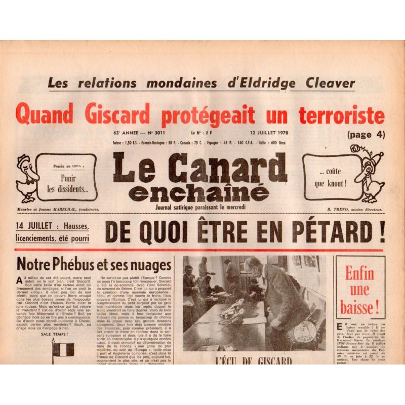 Canard Enchaîné (le) - n° 3011- 12 juillet 1978 - Quand Giscard protégeait un terroriste