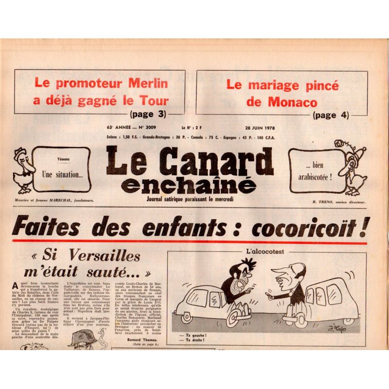 Canard Enchaîné (le) - n° 3009 - 28 juin 1978 - Faites des enfants : cocoricoït !