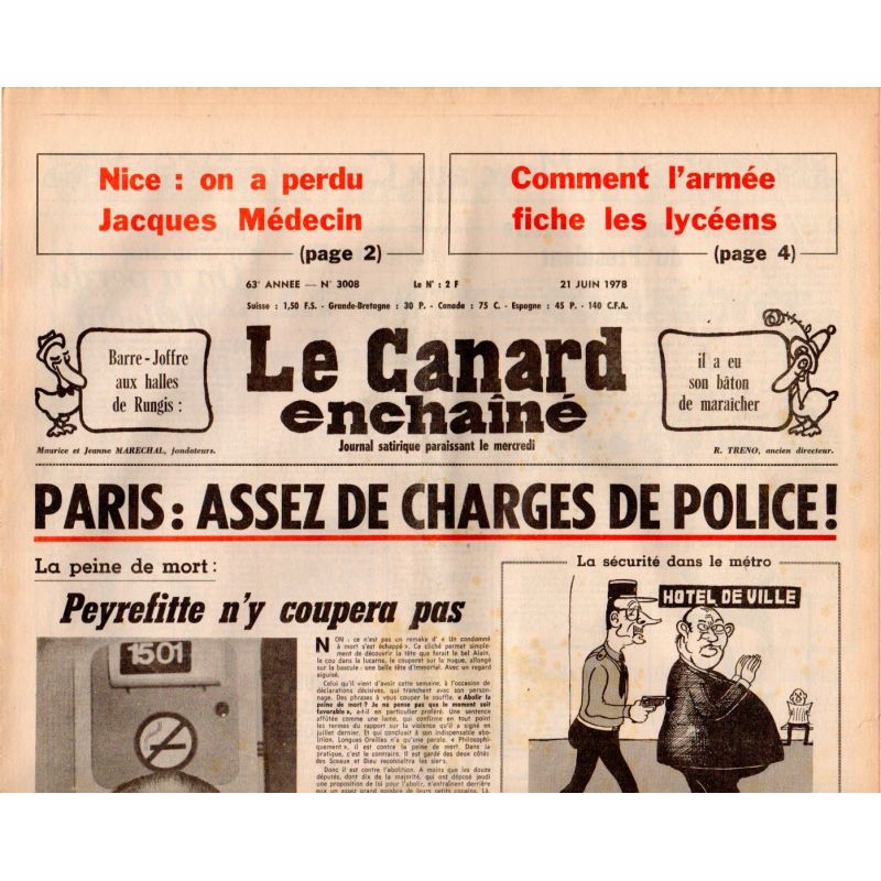Canard Enchaîné (le) - n° 3008 - 21 juin 1978 - Paris : Assez de charges de Police !