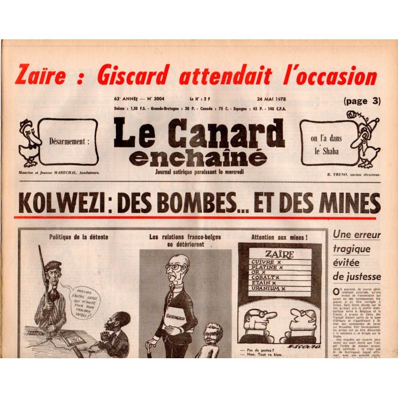 Canard Enchaîné (le) - n° 3004 - 24 mai 1978 - Kolwezi : des bombes ... et des mines - Zaïre -