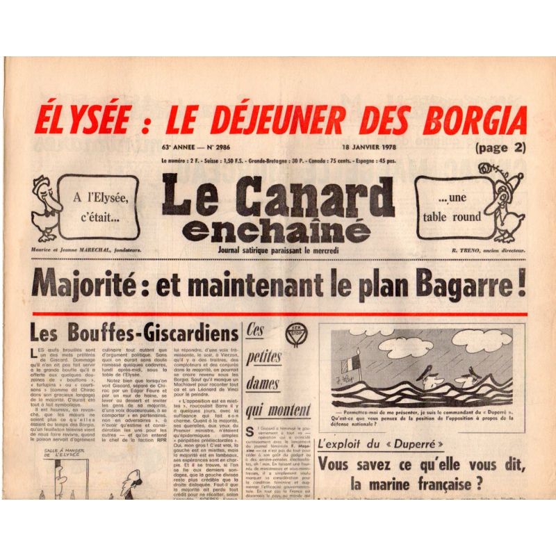 Canard Enchaîné (le) - n° 2986 - 18 janvier 1978 - Élysée : le déjeuner des Borgia