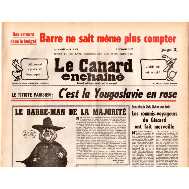 Canard Enchaîné (le) - n° 2972 - 12 octobre 1977 - Titiste parisien : c'est la Yougoslavie en rose