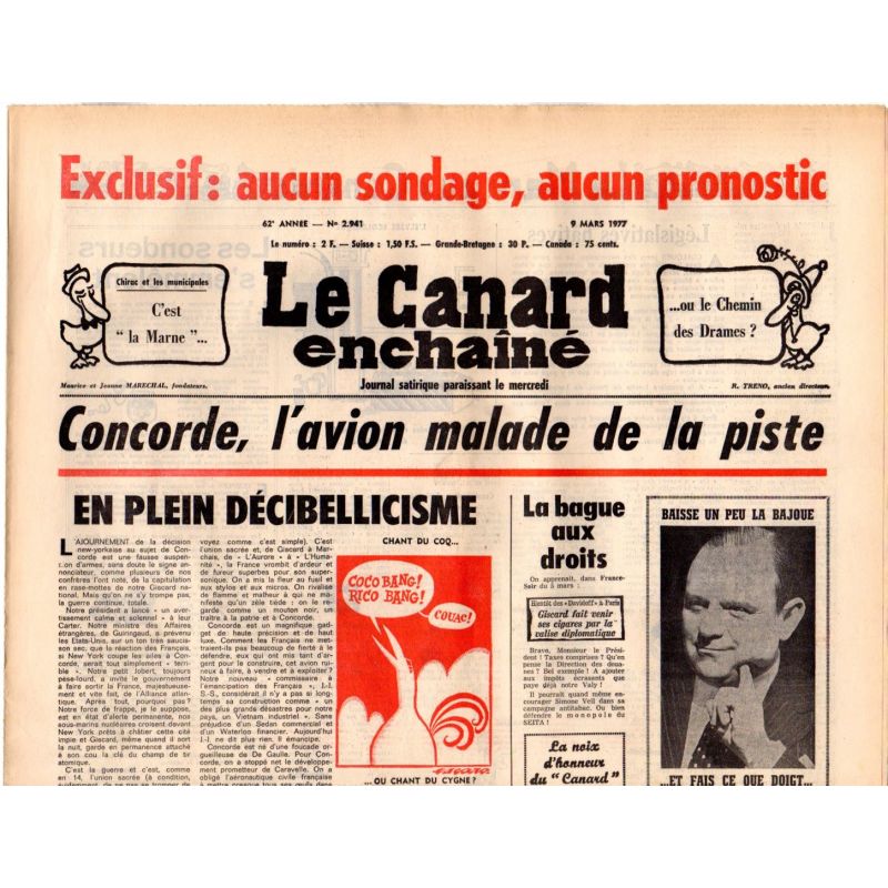 Canard Enchaîné (le) - n° 2941 - 9 mars 1977 - Concorde, l'avion malade de la piste