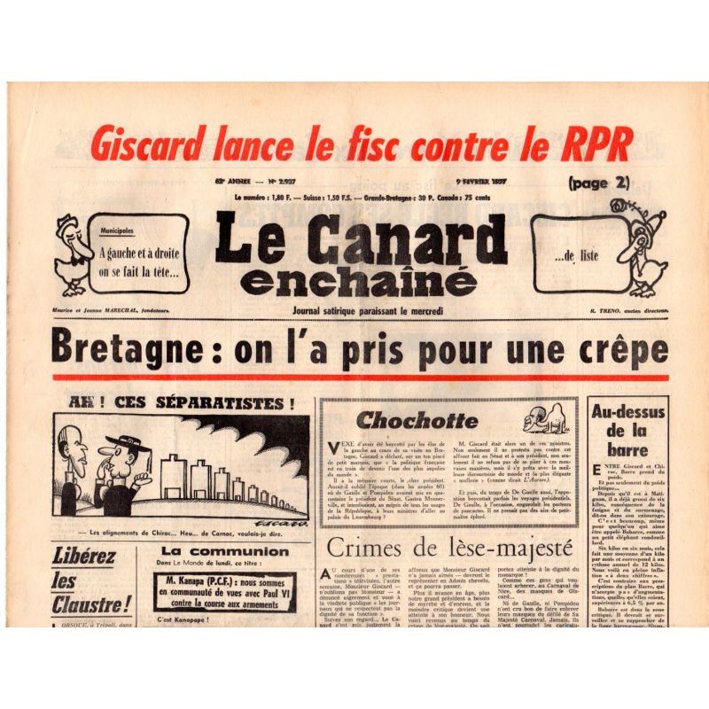 Canard Enchaîné (le) - n° 2937 - 9 février 1977 - Bretagne : on l'a pris pour une crêpe