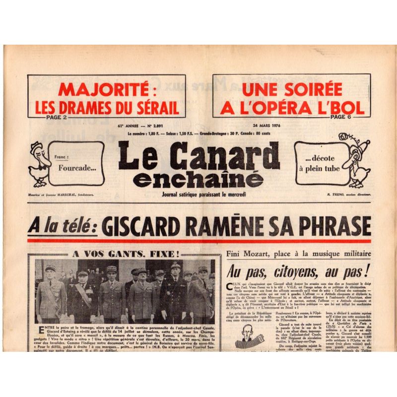 Canard Enchaîné (le) - n° 2891 - 24 mars 1976 - A la télé : Giscard ramène sa phrase