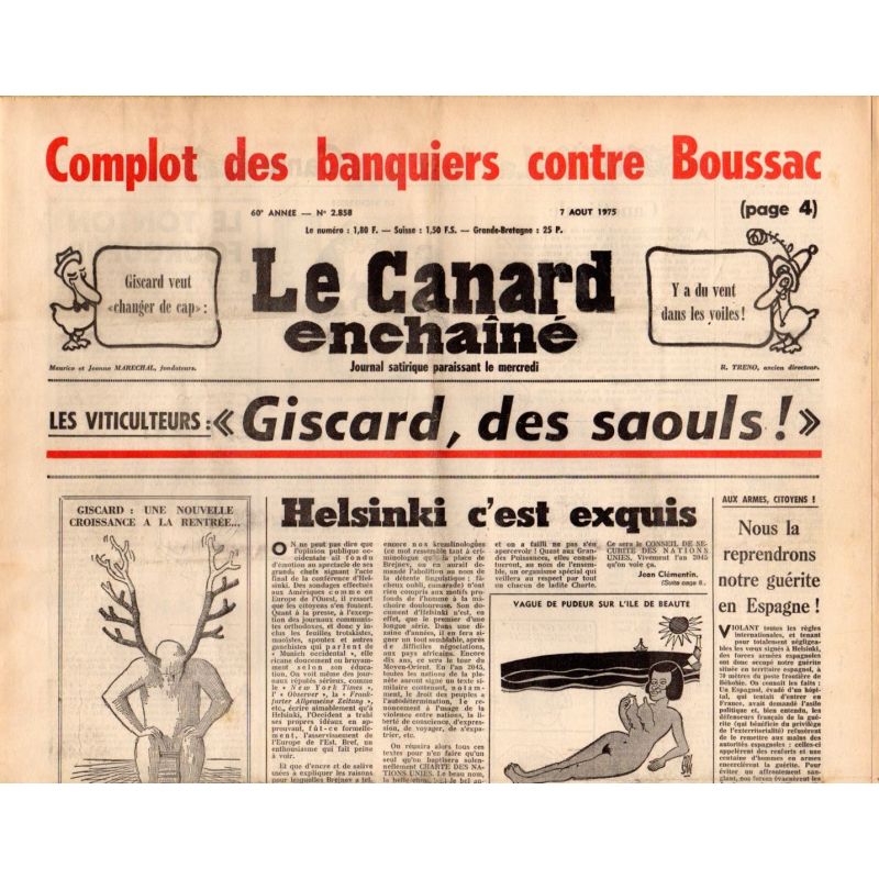 Canard Enchaîné (le) - n° 2858 - 7 aout 1975 - Complot des banquiers contre Boussac
