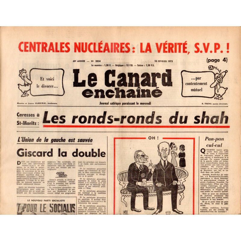 Canard Enchaîné (le) - n° 2834 - 19 février 1975 - St-Moritz : Les ronds-ronds du shah - Centrales nucléaires