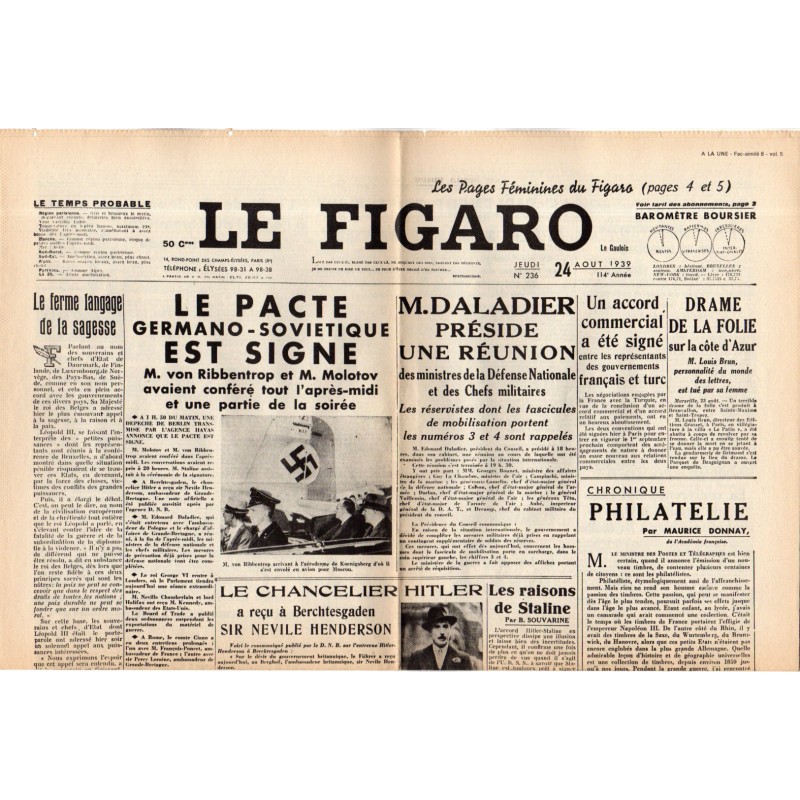 24 août 1939 - Le Figaro (2 pages) - Le Pacte Germano-soviétique est signé