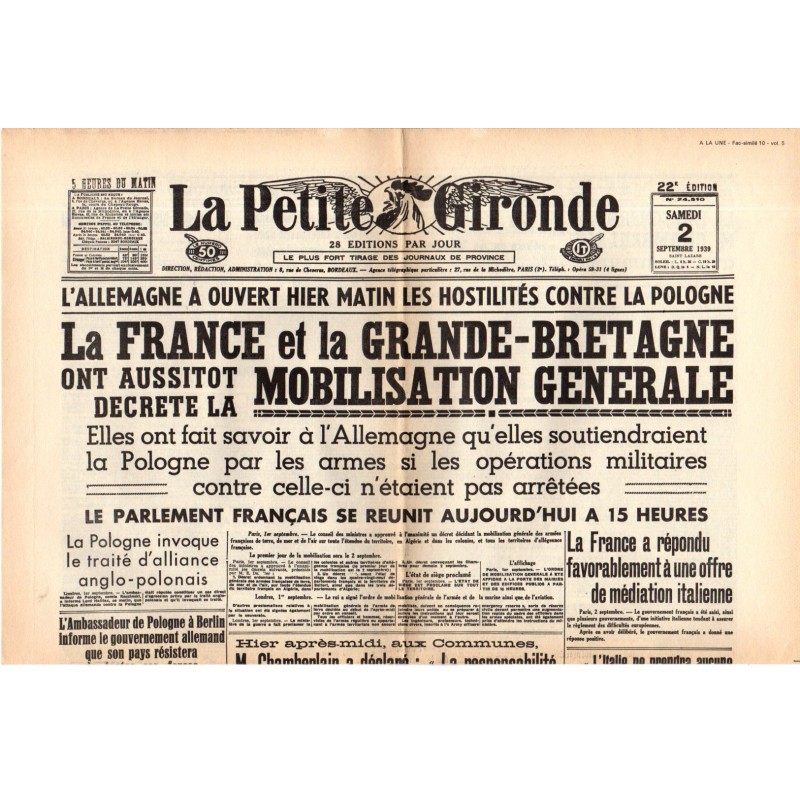 2 septembre 1939 - La Petite Gironde (2 pages) - La France et la Grande-Bretagne ont décrété la Mobilisation