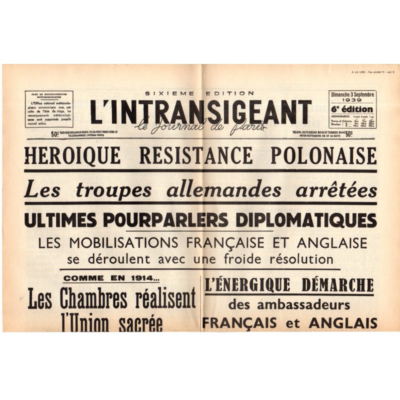 3 septembre 1939 - L'Intransigeant (2 pages) - Héroïque résistance polonaise