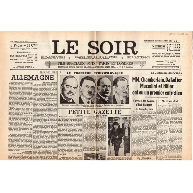 30 septembre 1939 - Le Soir (2 pages) - Le Problème Tchécoslovaque