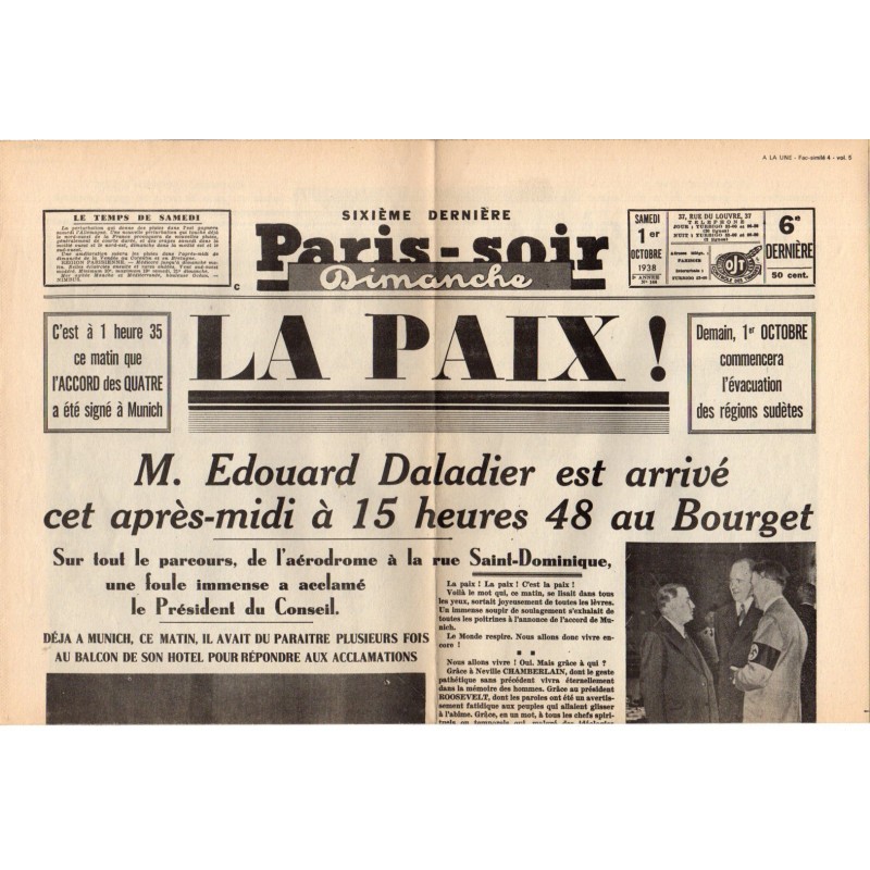 1er octobre 1939 - Paris-Soir (2 pages) - LA PAIX !