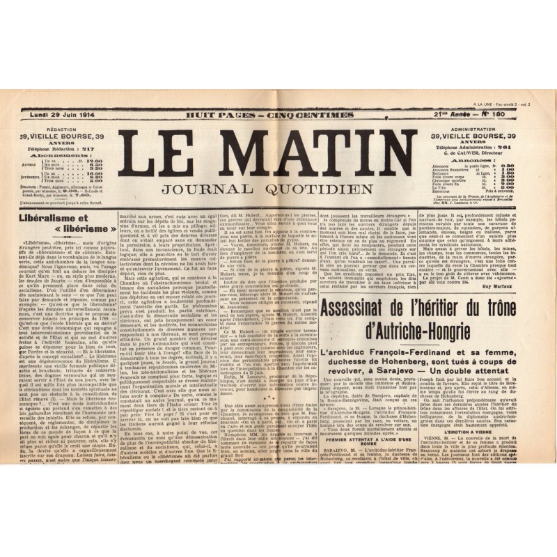 29 juin 1914 - Le Matin (2 pages) - Assassinat de l'héritier du trône d'Autriche-Hongrie