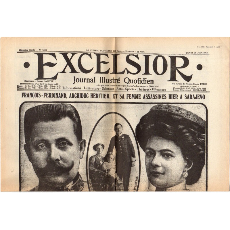 29 juin 1914 - Excelsior (2 pages) - François-Ferdinand, archiduc héritier, et sa femme assassinés hier à Sarajevo