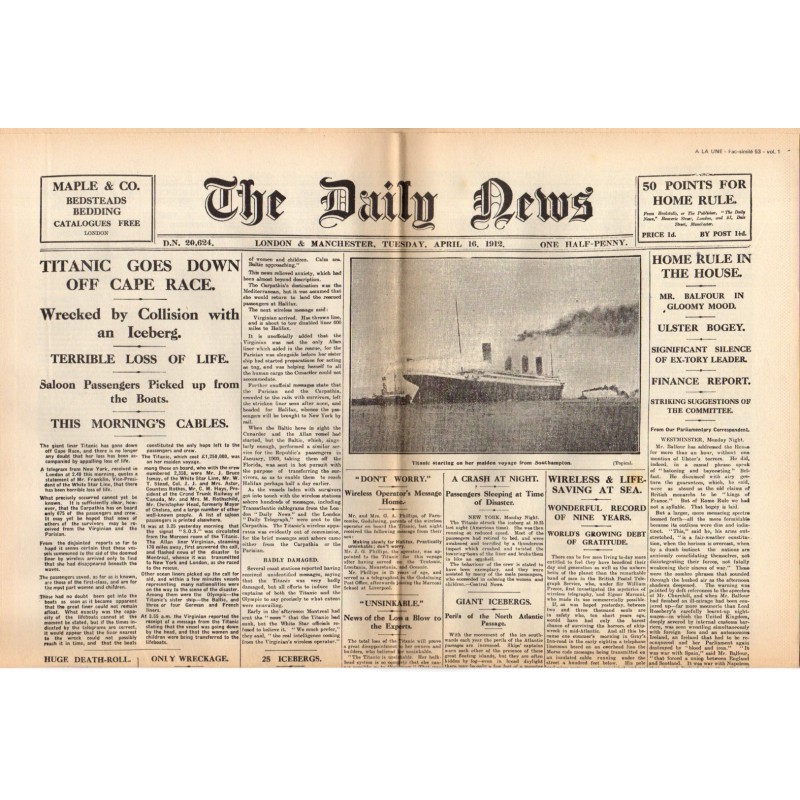 17 avril 1912 - The Daily News (2 pages) - Titanic goes down off cape race