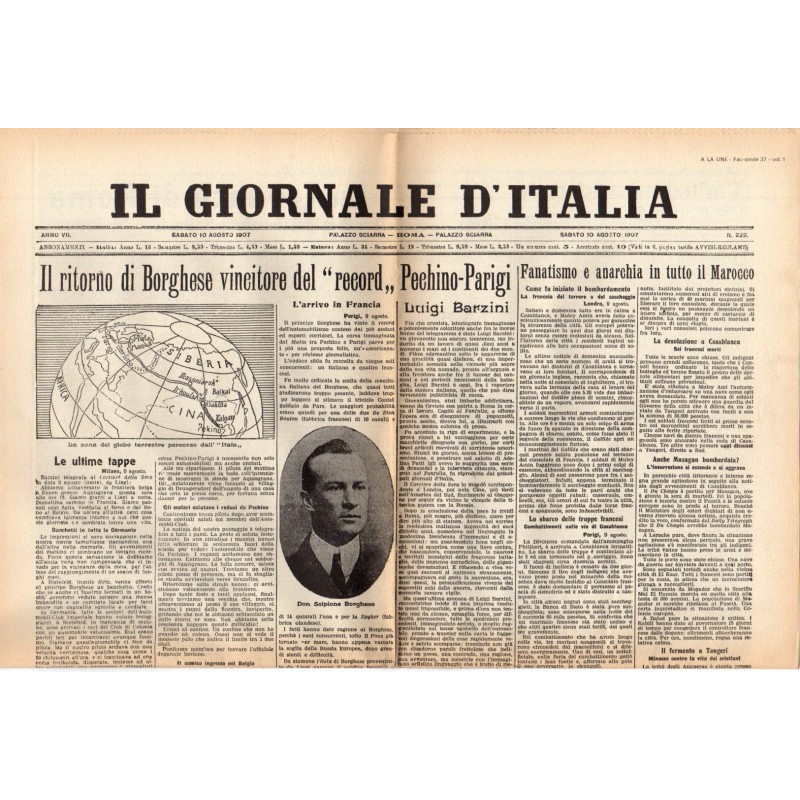 10 août 1907 - 10 agosto 1907 - Il Giornale d'italia (2 pages) - Fanatismo e anarchia in tutto il Marocco