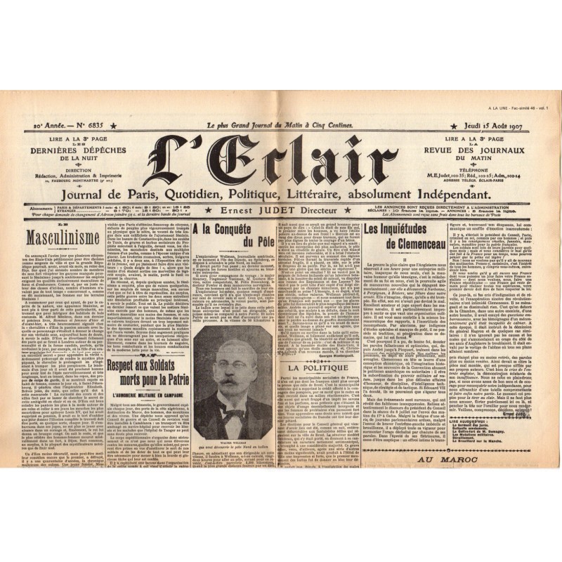 15 août 1907 - L'Eclair (2 pages) - A la conquête du Pôle - Maroc, laissera-t-on nos troupes sans renforts ?