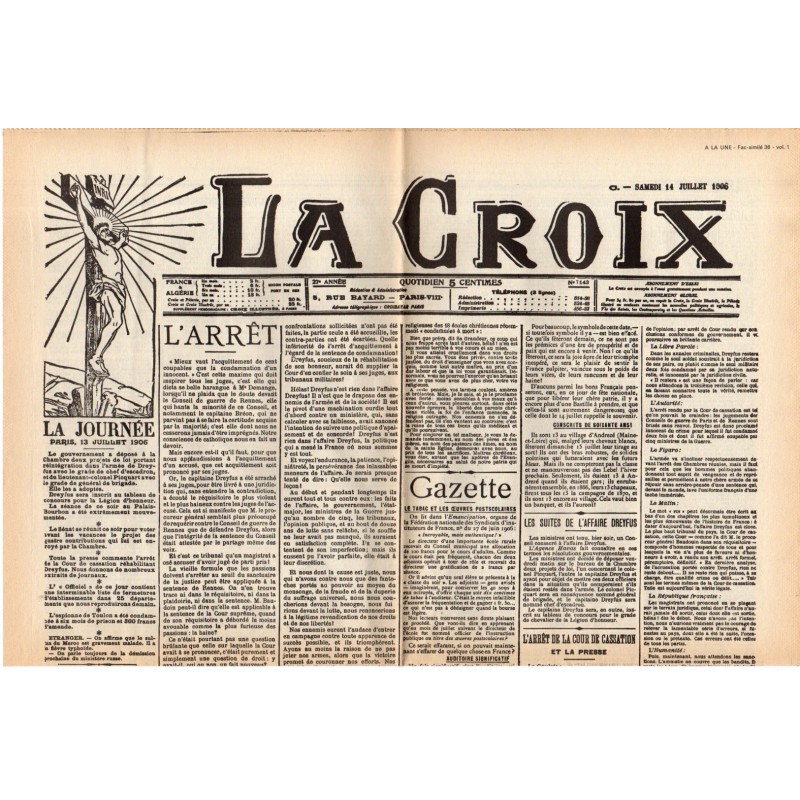 14 juillet 1906 - La Croix (2 pages) - La Révision du procès Dreyfus