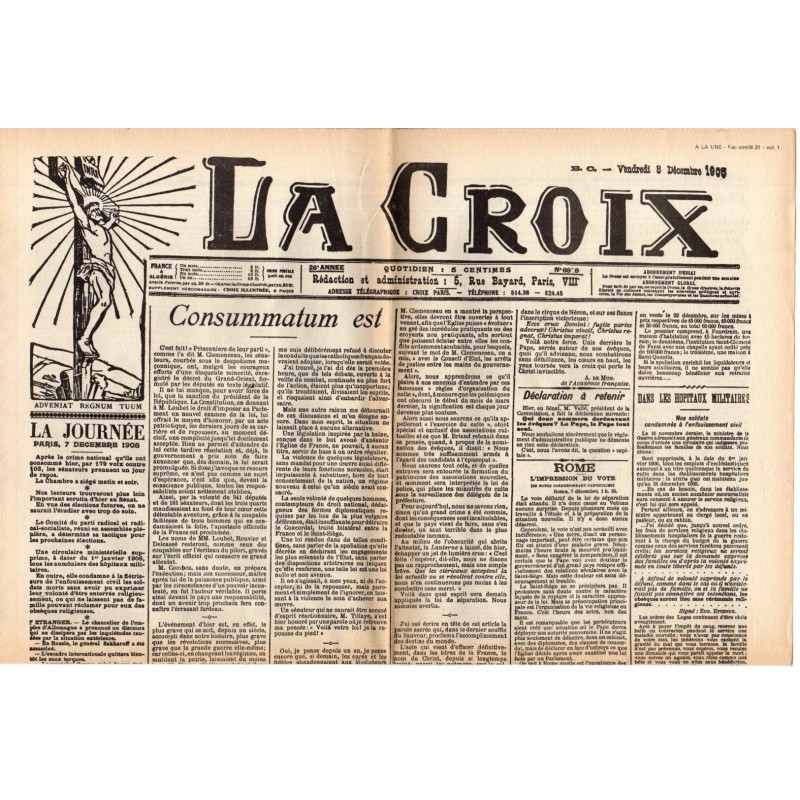 8 décembre 1905 - La Croix (2 pages) - Consummatum est : Séparation de l’Église et de l’État