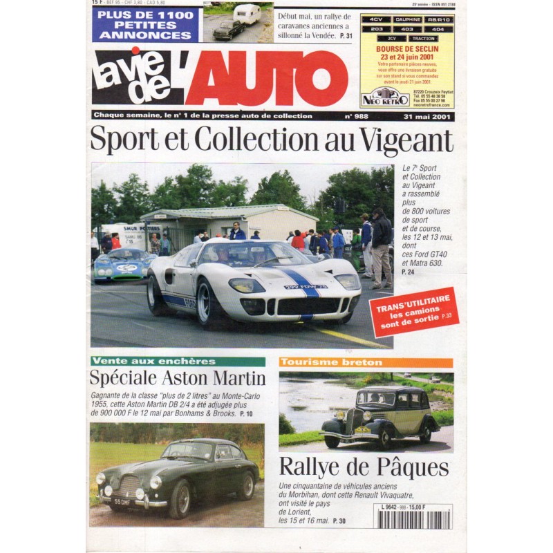 La Vie de l'Auto n° 988 du 31/05/2001 - Sport et Collection au Vigeant
