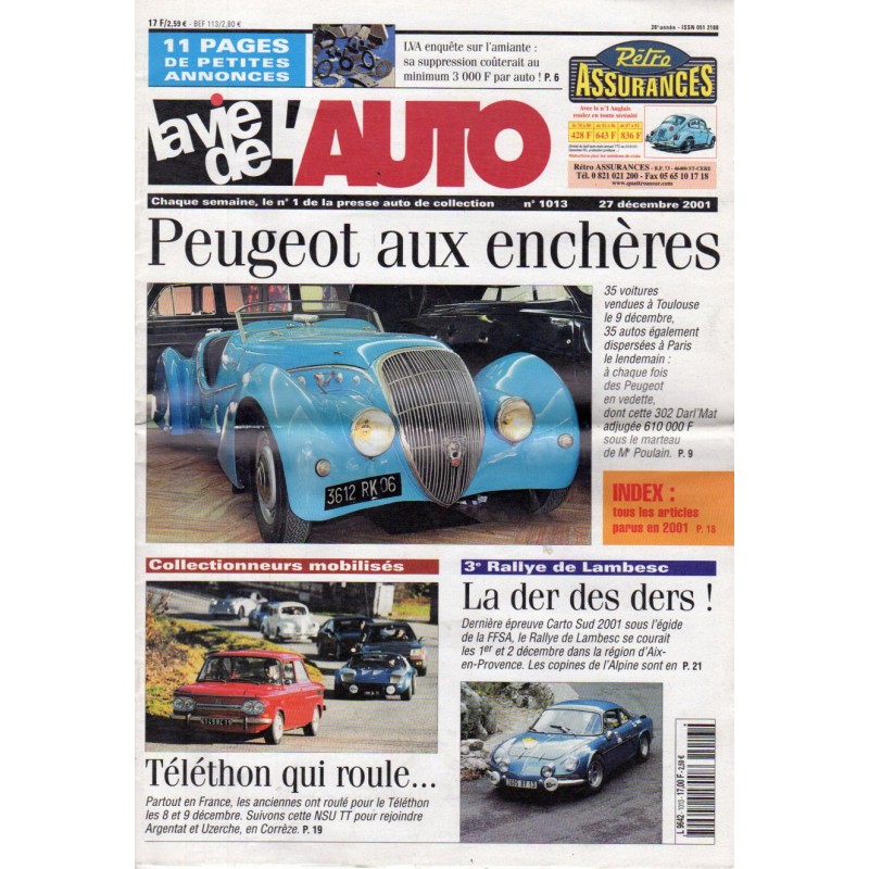 La Vie de l'Auto n° 1013 du 27/12/2001 - Peugeot aux enchères