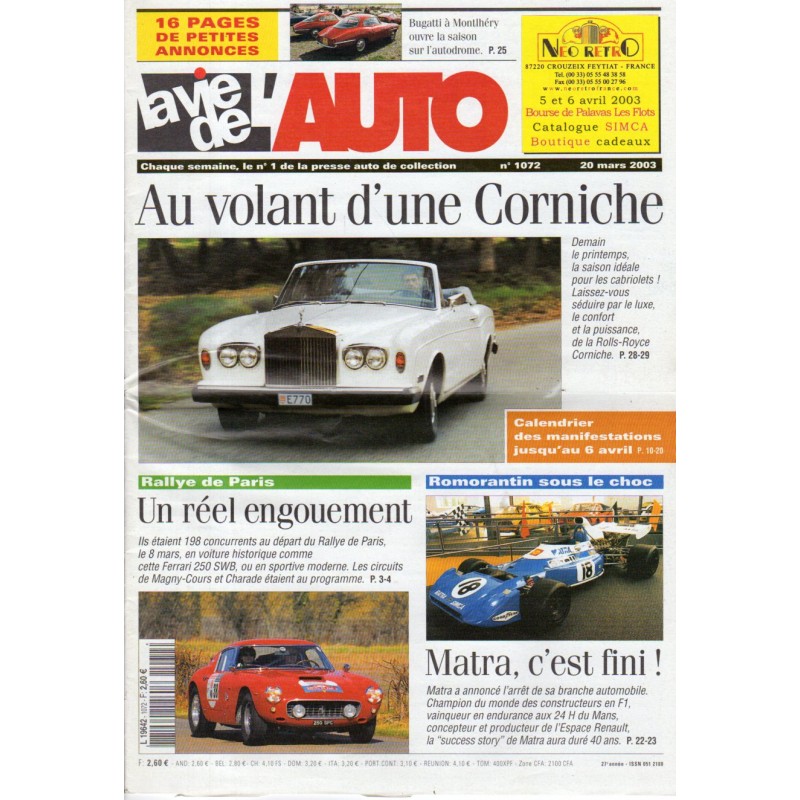La Vie de l'Auto n° 1072 du 20/03/2003 - Au volant d'une Corniche