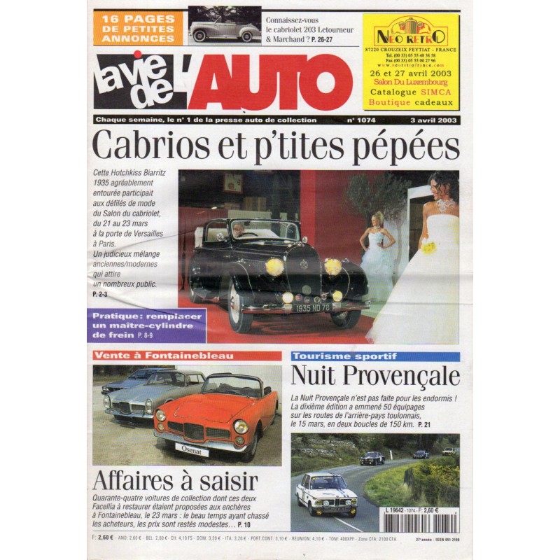 La Vie de l'Auto n° 1074 du 03/04/2003 - Cabrios et p'tites pépées