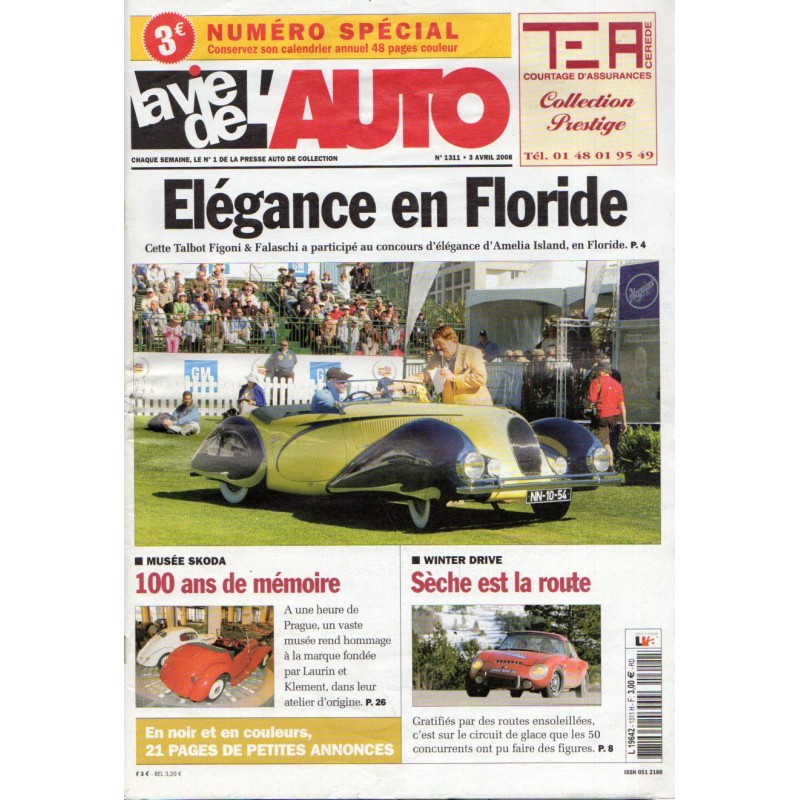 La Vie de l'Auto n° 1311 du 3 avril 2008 - Élégance en Floride - 56 pages + calendrier annuel 48 pages couleurs