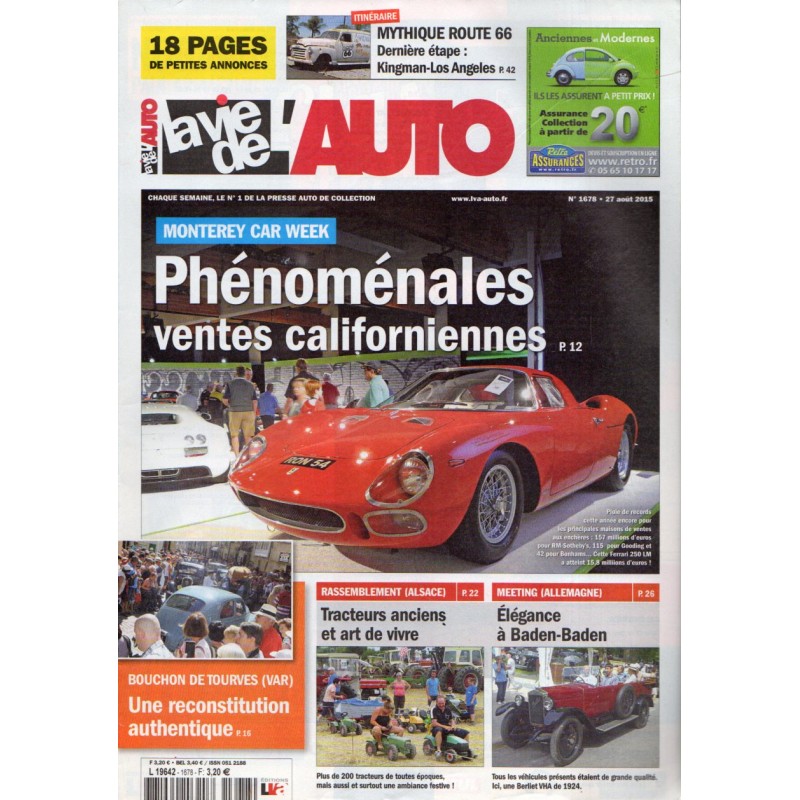 La Vie de l'Auto n° 1678 du 27 aout 2015 - Monterey Car Week : Phénoménales ventes californiennes