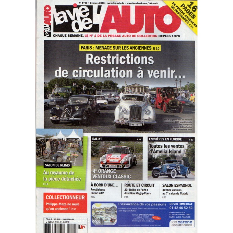 La Vie de l'Auto n° 1708 du 24 mars 2016 - Paris : Menace sur les anciennes : Restrictions de circulation à venir