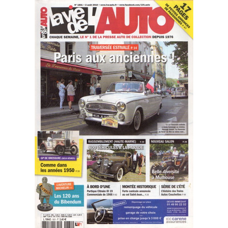 La Vie de l'Auto n° 1831 du 2 aout 2018 - Traversée estivale : Paris aux anciennes