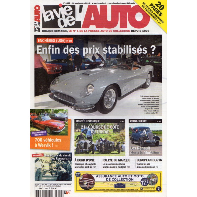 La Vie de l'Auto n° 1889 du 12 septembre 2019 - Enchères (USA) : Enfin des prix stabilisés ?