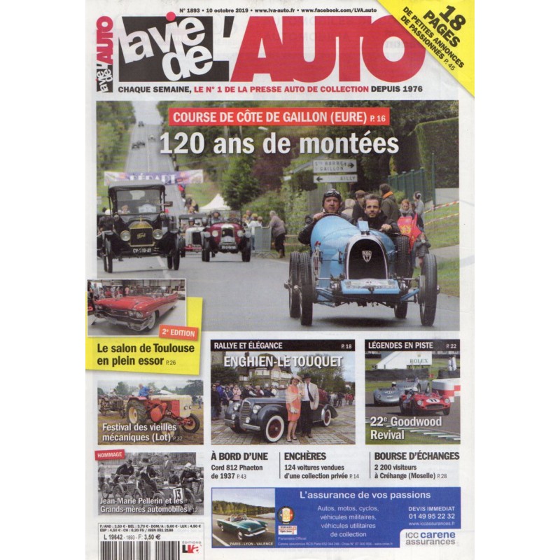 La Vie de l'Auto n° 1893 du 10 octobre 2019 - Course de Côte de Gaillon (Eure) : 120 ans de montées