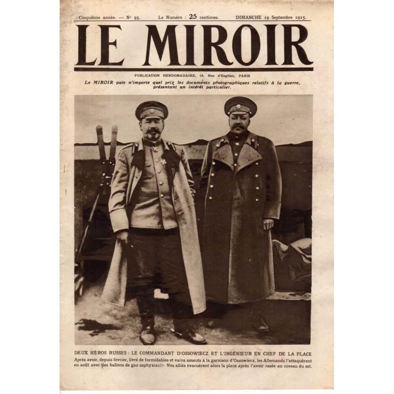 Le Miroir n° 95 du 19 septembre 1915 - Deux héros russes : le commandant d'Ossowiecz et l'ingénieur en chef de la place