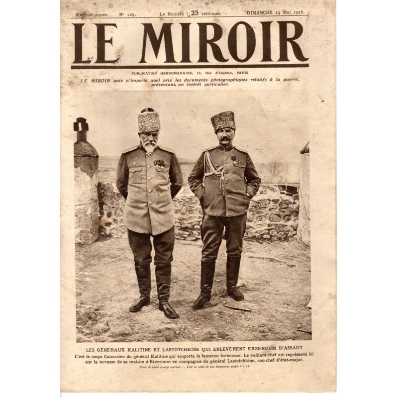 Le Miroir n° 129 du 14 mai 1916 - Les généraux Kalitine et Lastotchkine qui enlevèrent Erzeroum d'assaut