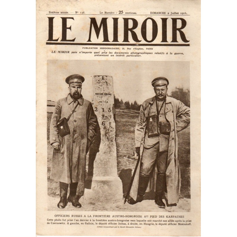 Le Miroir n° 136 du 2 juillet 1916 - Officiers russes à la frontière austro-hongroise au pied des Karpathes