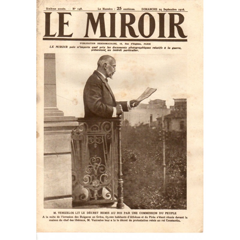 Le Miroir n° 148 du 24 septembre 1916 - M. Venizelos lit le décret remis au Roi par une commission du peuple
