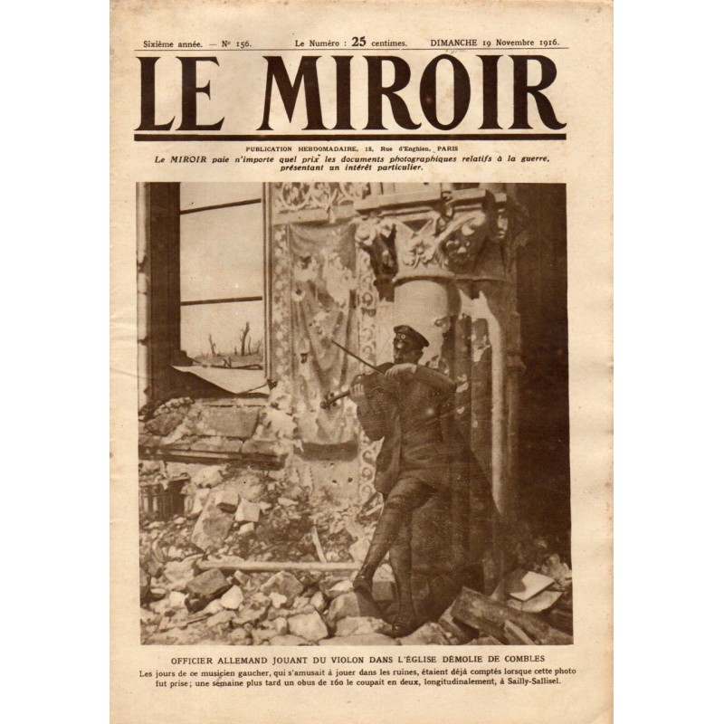 Le Miroir n° 156 du 19 novembre 1916 - Officier allemand jouant du violon dans l'église démolie de Combles