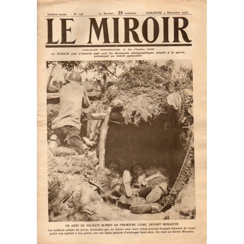 Le Miroir n° 158 du 3 décembre 1916 - Un abri de soldats serbes en première ligne, devant Monastir