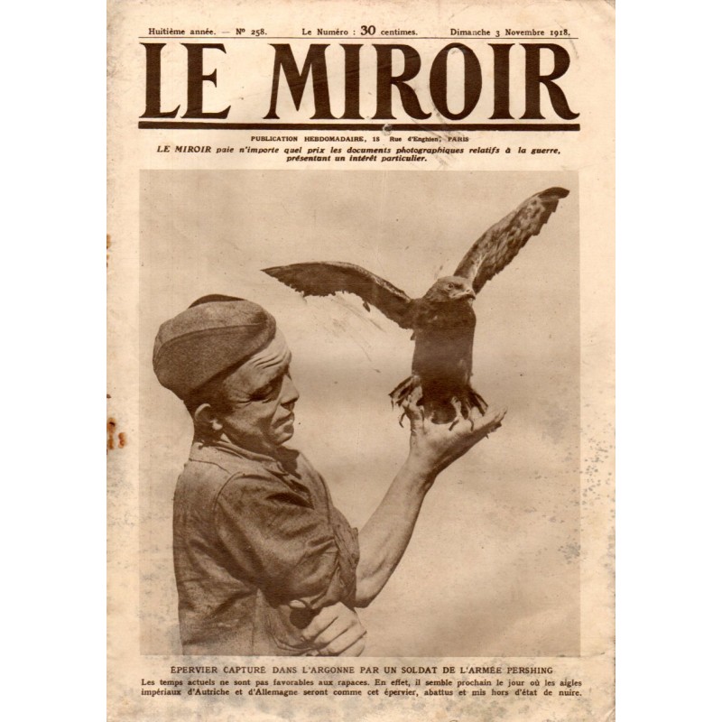 Le Miroir n° 258 du 3 novembre 1918 - Epervier capturé dans l'Argonne par un soldat de l'armée Pershing