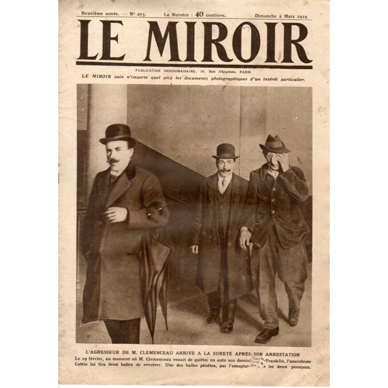 Le Miroir n° 275 du 2 mars 1919 - L'agresseur de M. Clemenceau arrive à la Sureté après son arrestation