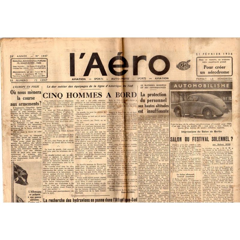 21 février 1936 - L'Aéro - Le dur métier des équipages de la ligne d’Amérique du sud