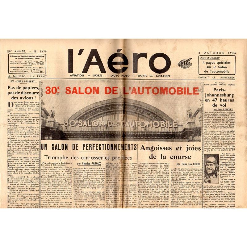 2 octobre 1936 - L'Aéro - 30ème Salon de l'Automobile