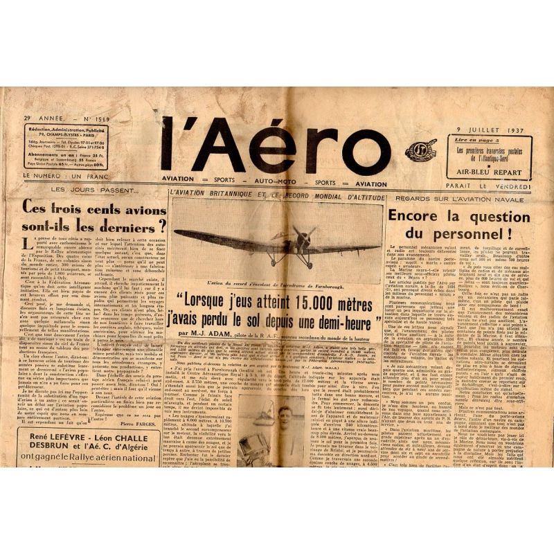 9 juillet 1937 - L'Aéro - L'aviation britannique et le record mondial d'altitude