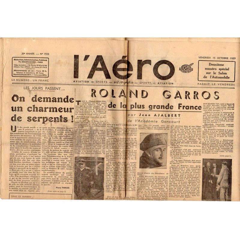 15 octobre 1937 - L'Aéro - 31ème salon de l'Automobile & Roland Garros