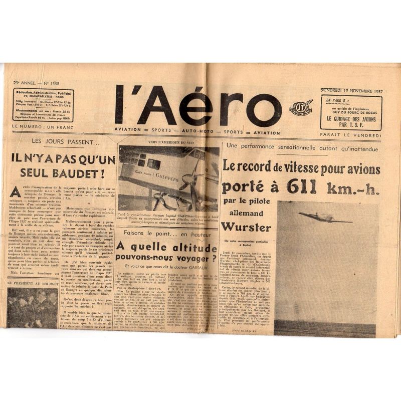 19 novembre 1937 - L'Aéro - Le record de vitesse pour avions porté à 611 km.-h