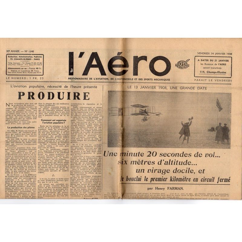 14 janvier 1938 - L'Aéro - 13 janvier 1908, une grande date